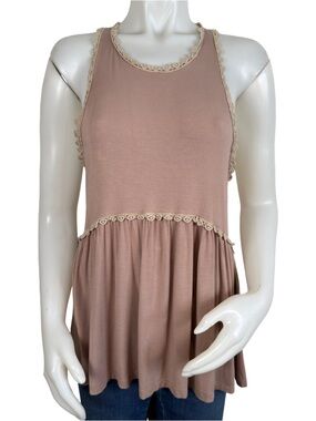 POL Mauve Taupe Lace-Trim Sleeveless Baby Doll Tank Top Size L